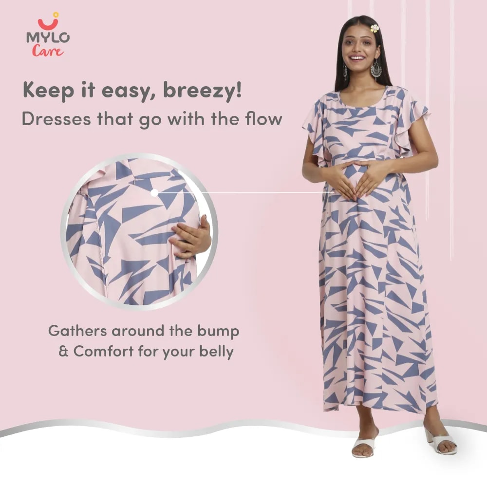 Maternity Dresses For Women with Both Side Zipper For Easy Feeding | Adjustable Belt for Growing Belly | Maxi Dress | Geometric - Pink | M