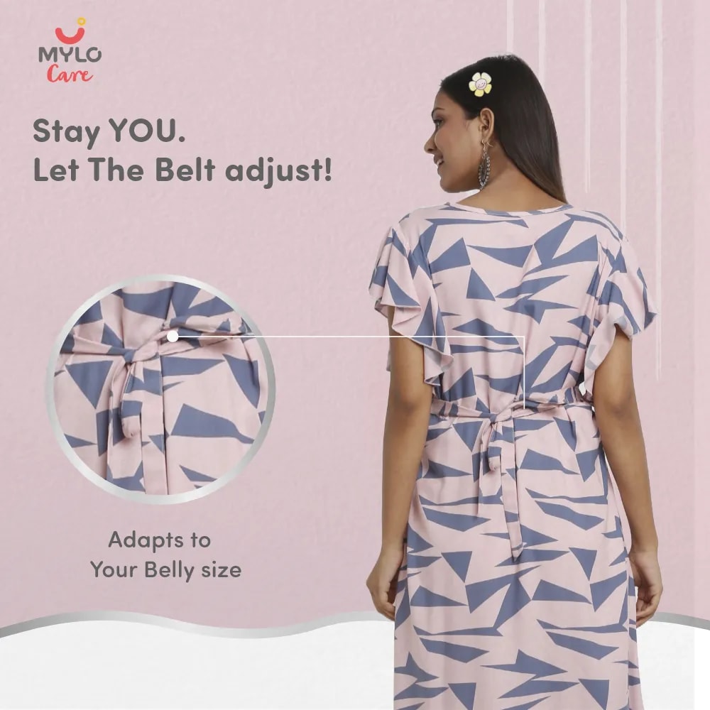 Maternity Dresses For Women with Both Side Zipper For Easy Feeding | Adjustable Belt for Growing Belly | Maxi Dress | Geometric - Pink | M