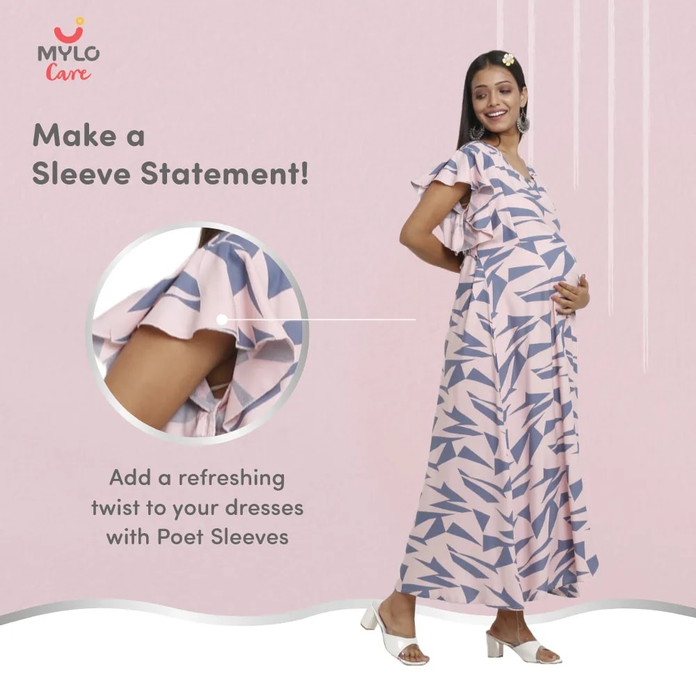 Maternity Dresses For Women with Both Side Zipper For Easy Feeding | Adjustable Belt for Growing Belly | Maxi Dress | Geometric - Pink | M