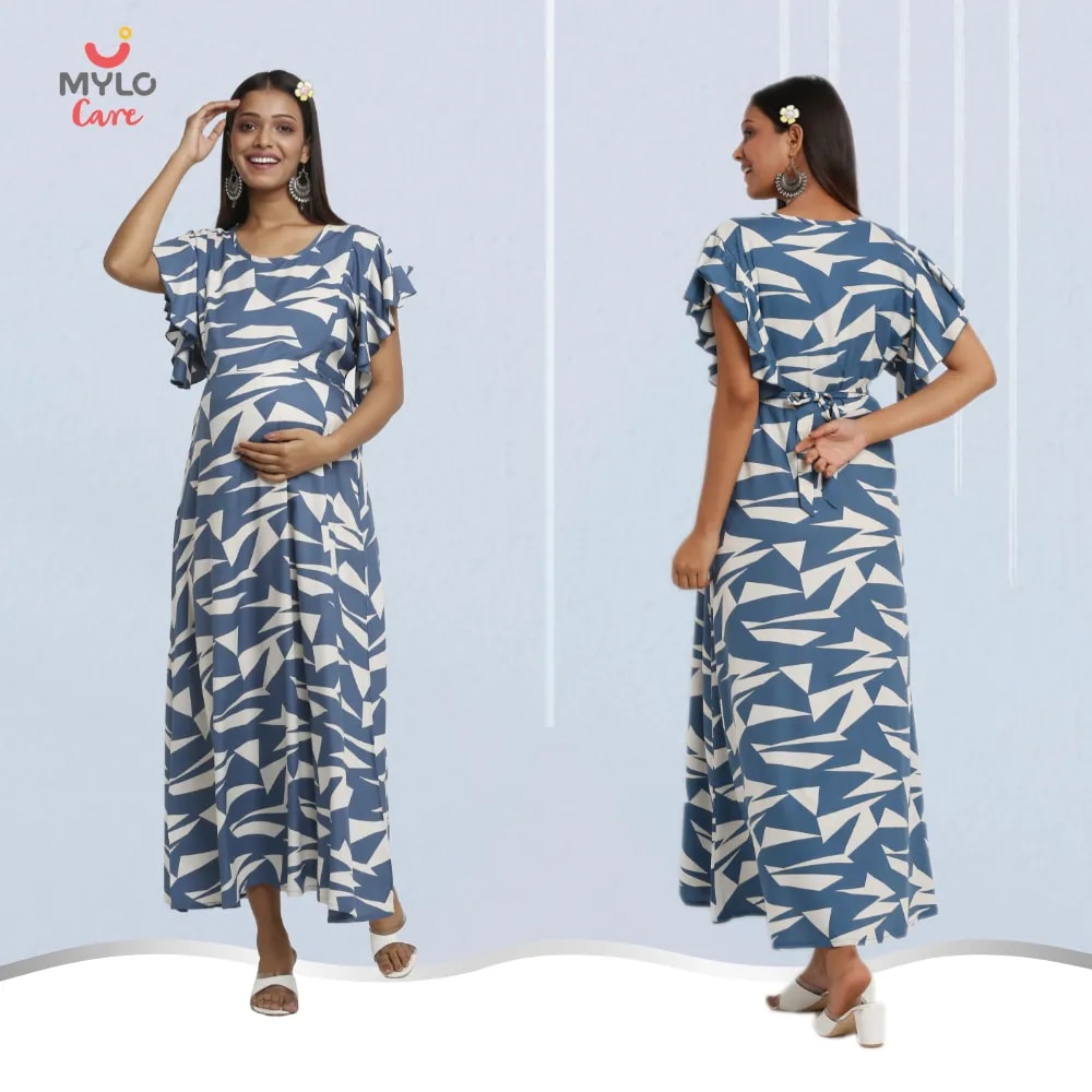 Maternity Dress - L - Geometric - Blue