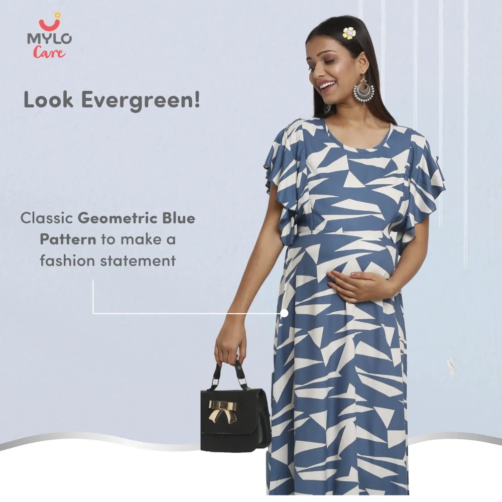 Maternity Dress - L - Geometric - Blue