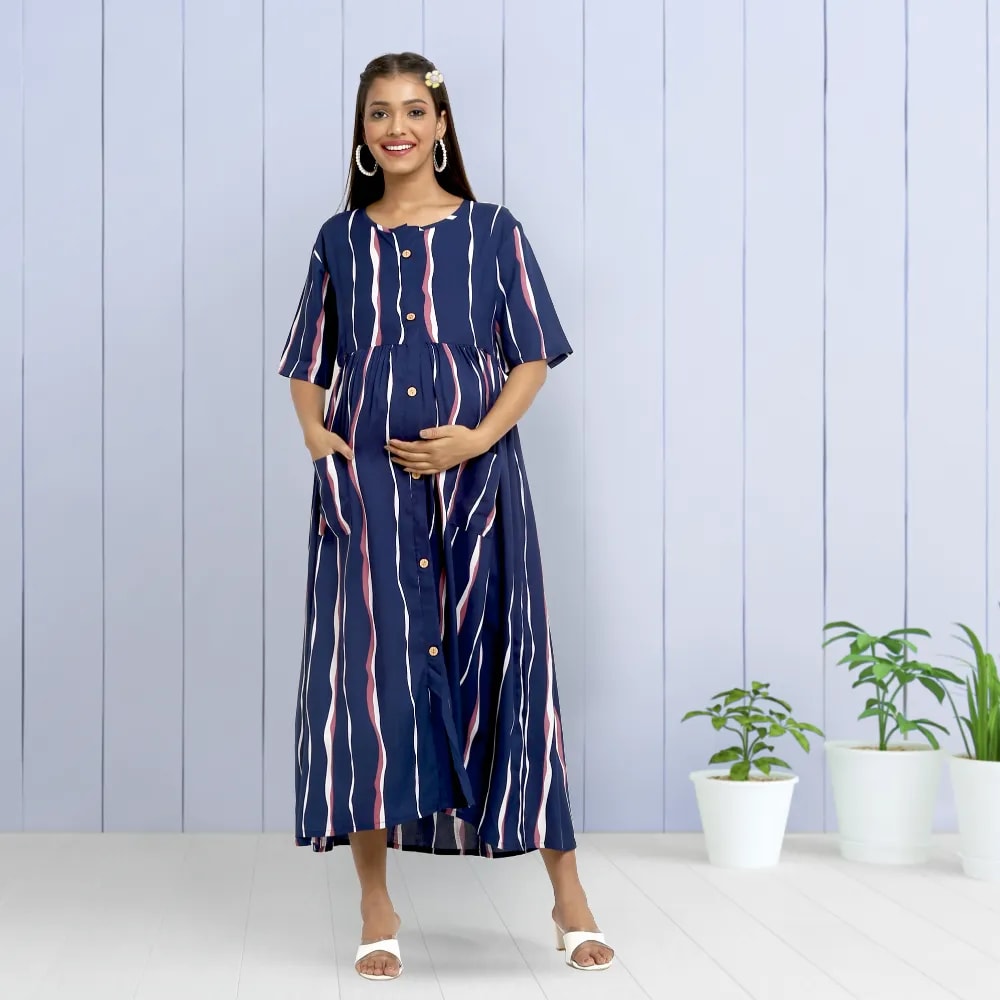 Maternity Dress - M - Stripes - Dark Blue