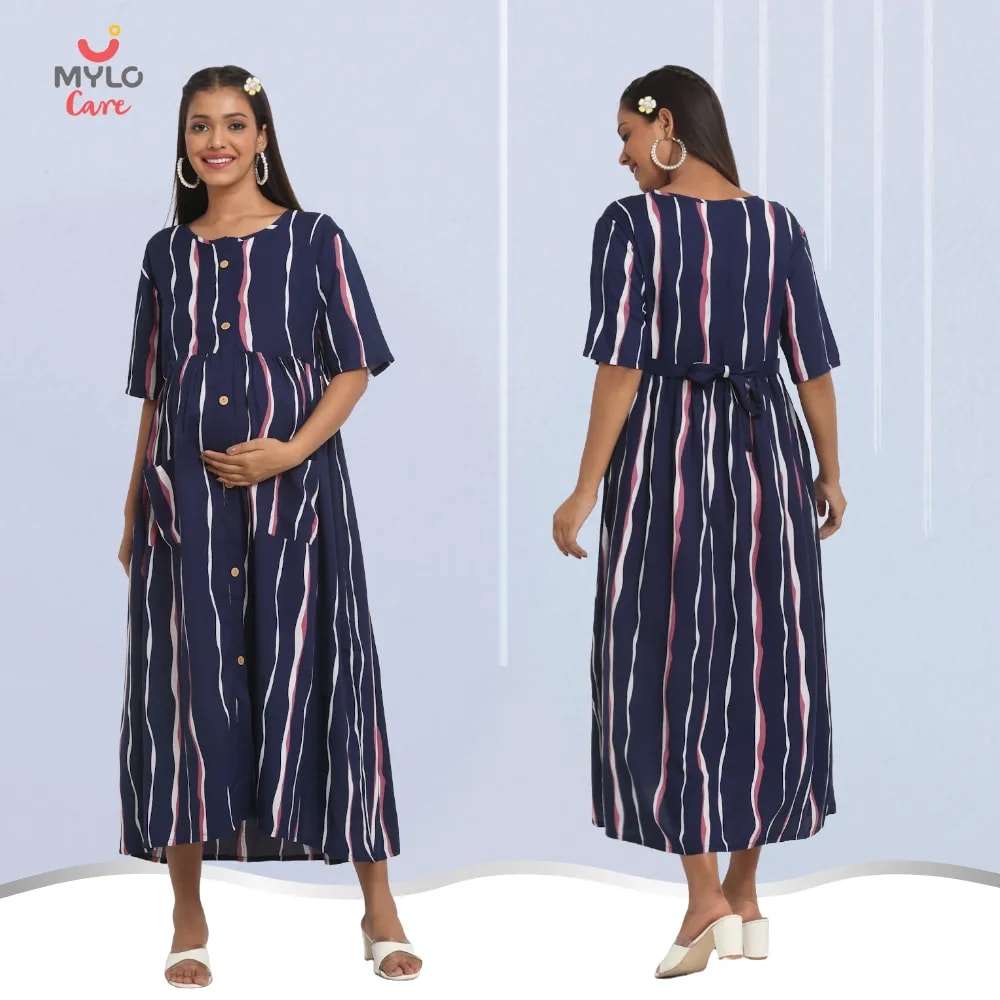 Maternity Dress - M - Stripes - Dark Blue