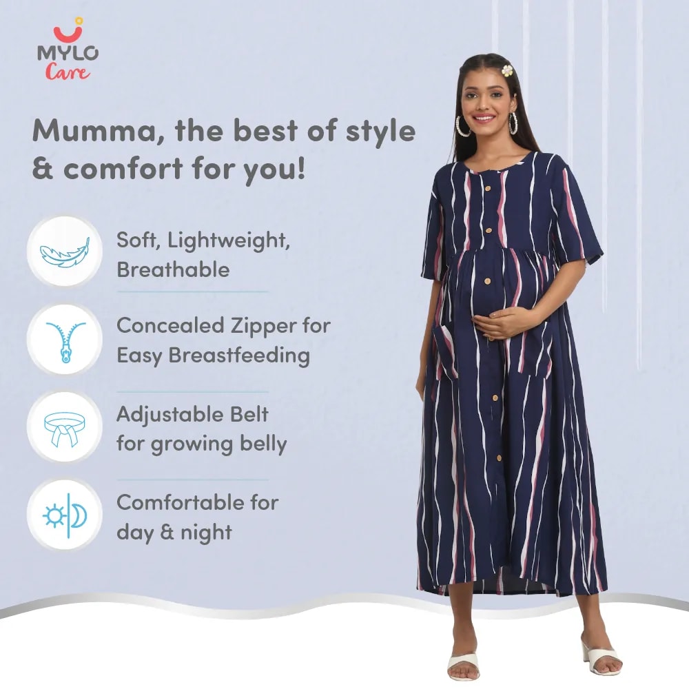 Maternity Dress - M - Stripes - Dark Blue