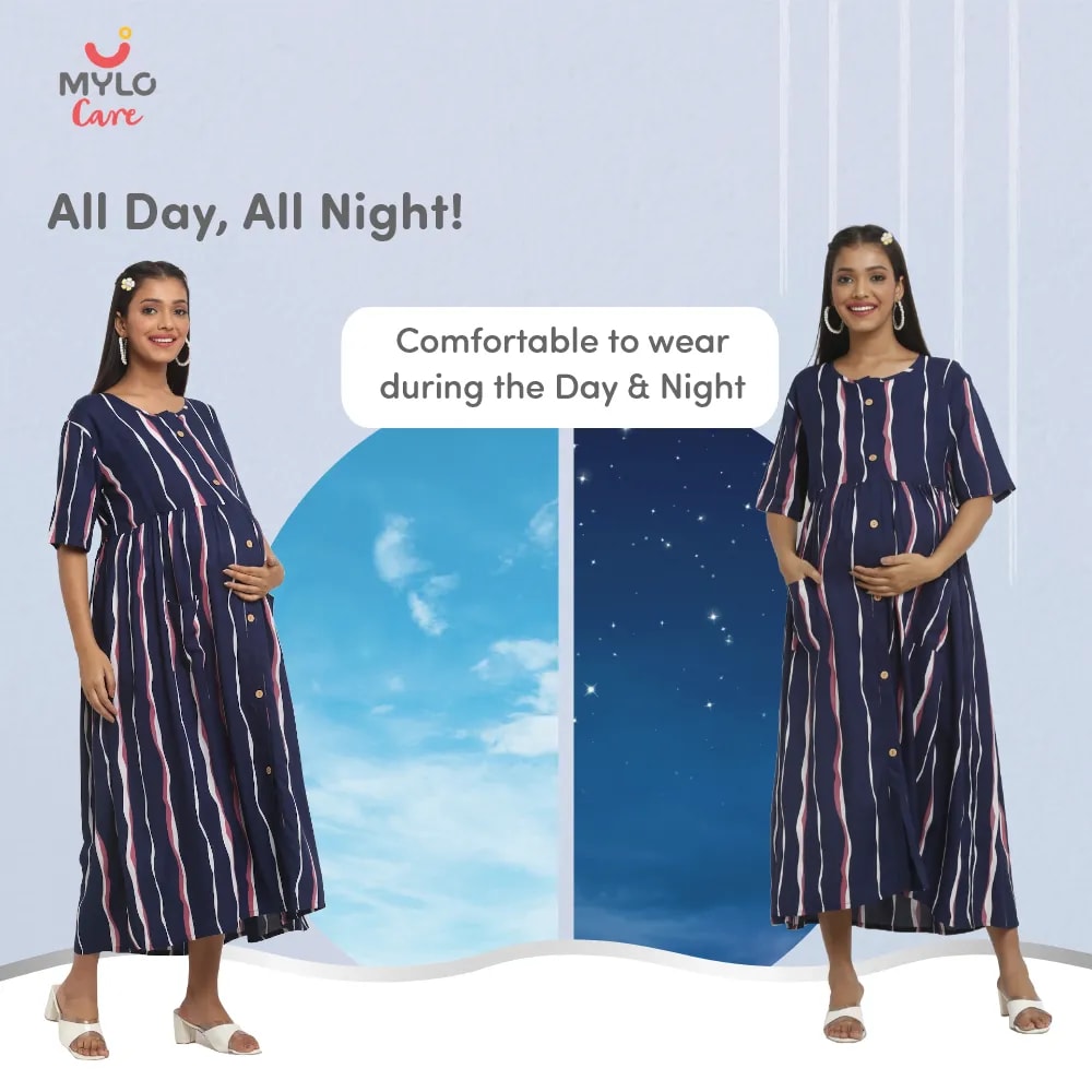 Maternity Dress - M - Stripes - Dark Blue