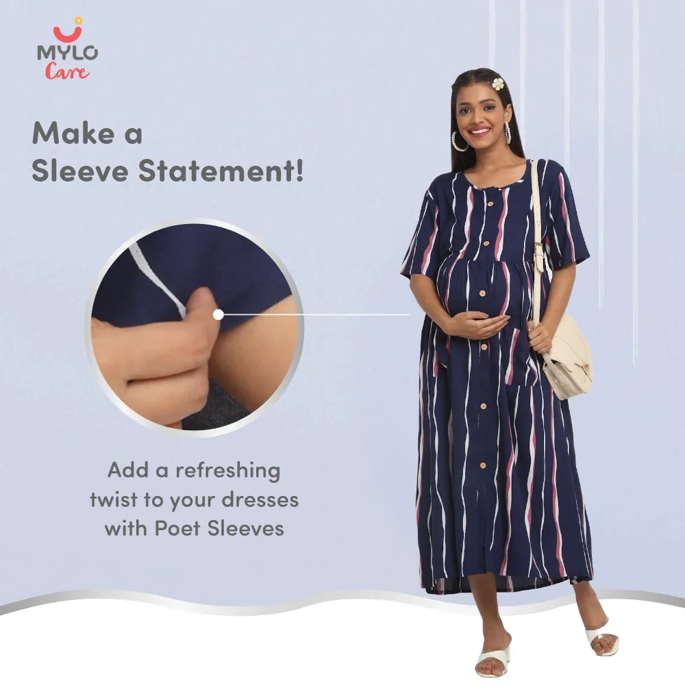 Maternity Dress - M - Stripes - Dark Blue