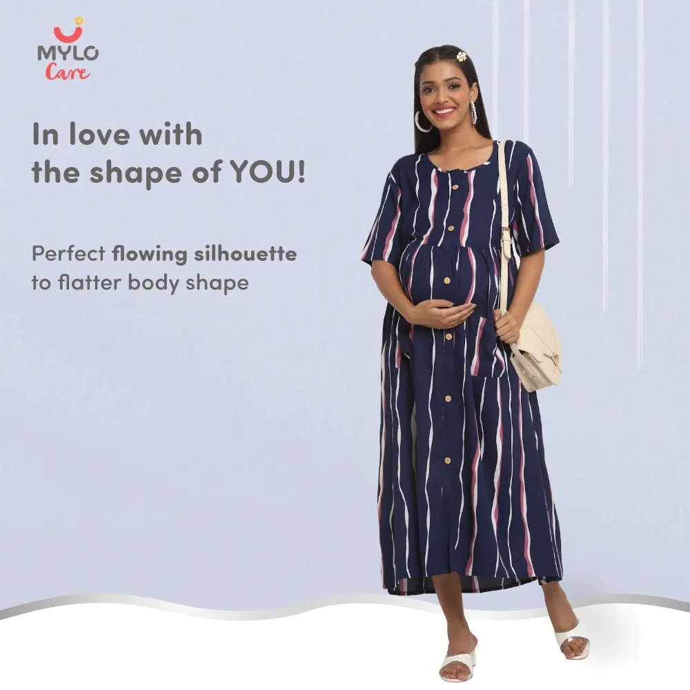 Maternity Dress - L - Stripes - Dark Blue