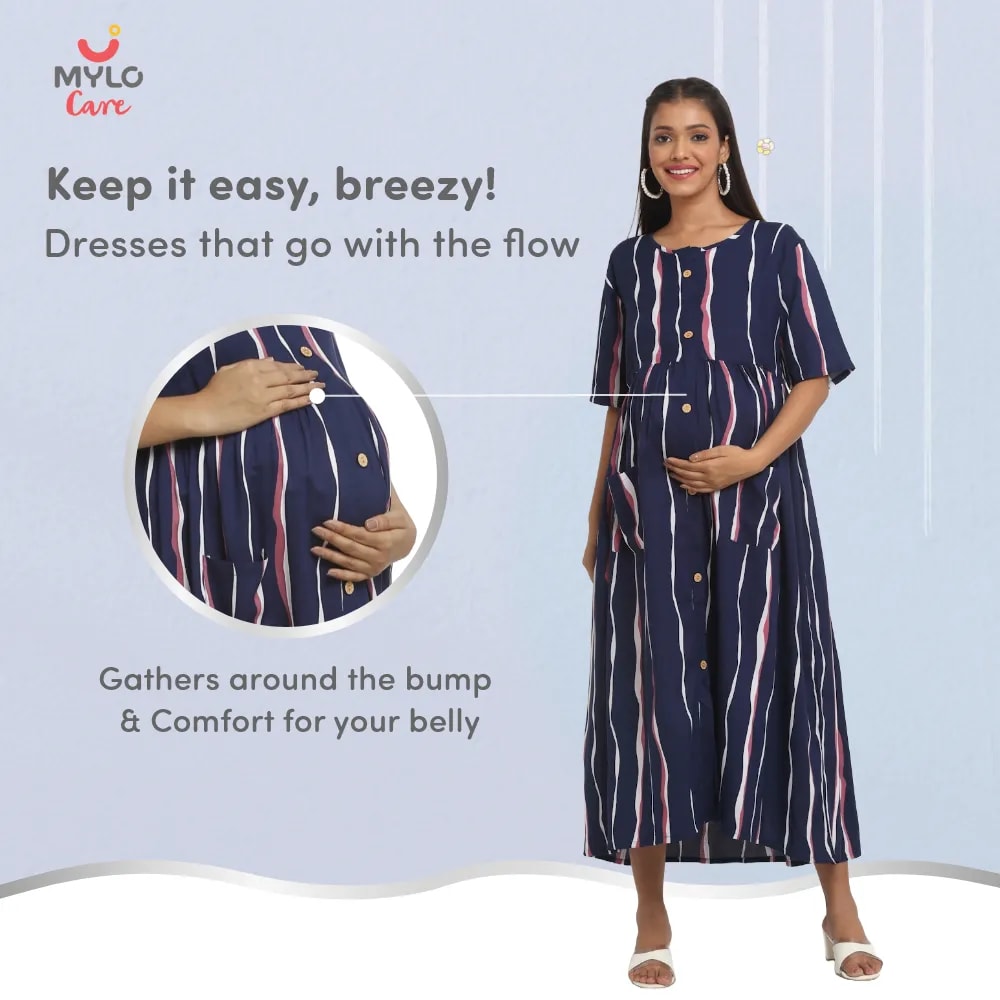 Maternity Dress - L - Stripes - Dark Blue