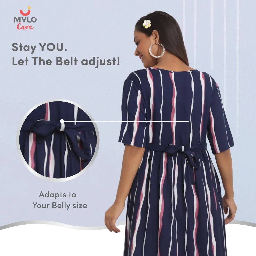 Maternity Dress - L - Stripes - Dark Blue