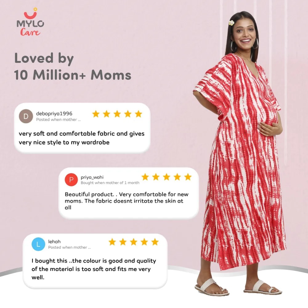 Maternity Dresses For Women with Both Side Zipper For Easy Feeding | Adjustable Belt for Growing Belly | Kaftan Dress | Shibori Print - Fuchsia | M