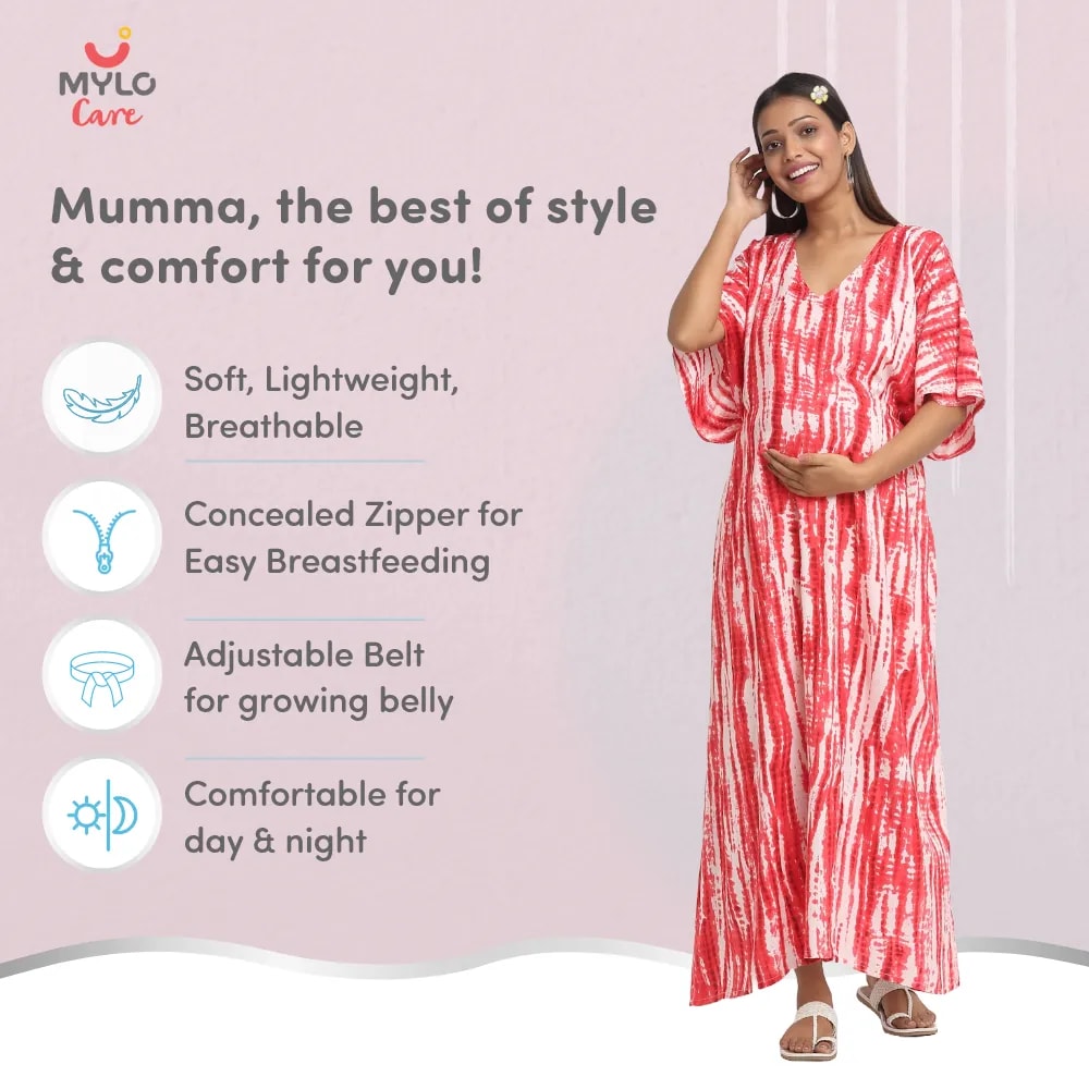 Maternity Dresses For Women with Both Side Zipper For Easy Feeding | Adjustable Belt for Growing Belly | Kaftan Dress | Shibori Print - Fuchsia | M