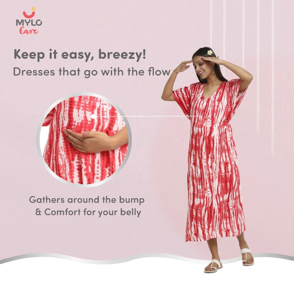 Maternity Dresses For Women with Both Side Zipper For Easy Feeding | Adjustable Belt for Growing Belly | Kaftan Dress | Shibori Print - Fuchsia | M