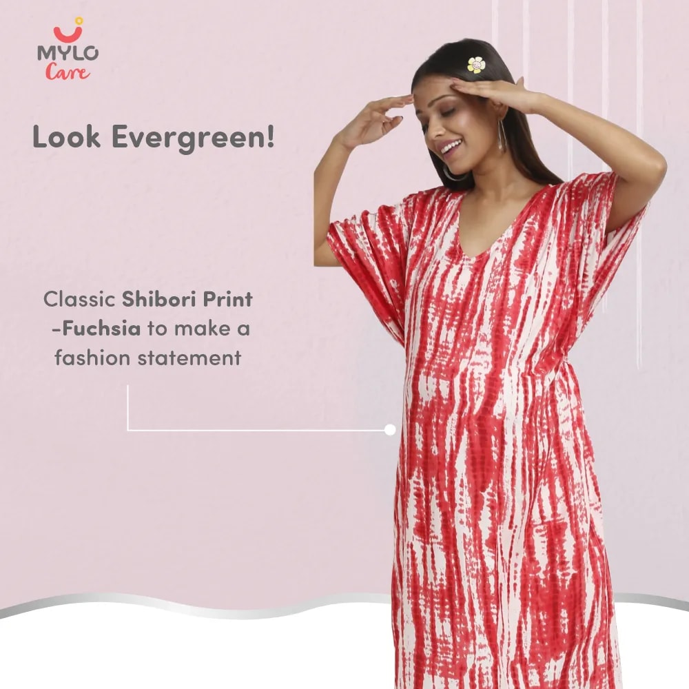 Maternity Dresses For Women with Both Side Zipper For Easy Feeding | Adjustable Belt for Growing Belly | Kaftan Dress | Shibori Print - Fuchsia | M