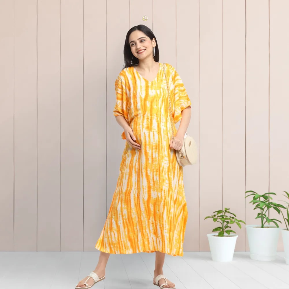 Maternity Dresses For Women with Both Side Zipper For Easy Feeding | Adjustable Belt for Growing Belly | Kaftan Dress | Shibori Print - Orange | L