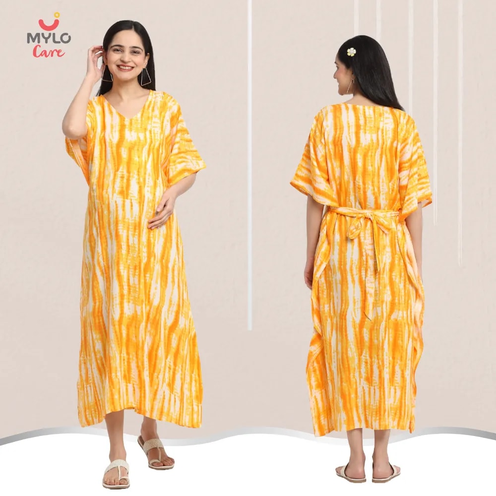 Maternity Dresses For Women with Both Side Zipper For Easy Feeding | Adjustable Belt for Growing Belly | Kaftan Dress | Shibori Print - Orange | L