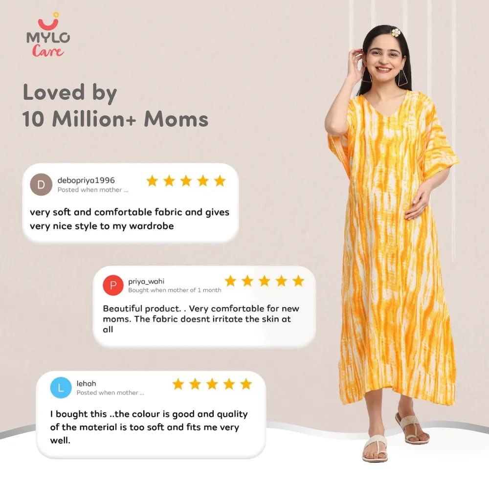 Maternity Dresses For Women with Both Side Zipper For Easy Feeding | Adjustable Belt for Growing Belly | Kaftan Dress | Shibori Print - Orange | L