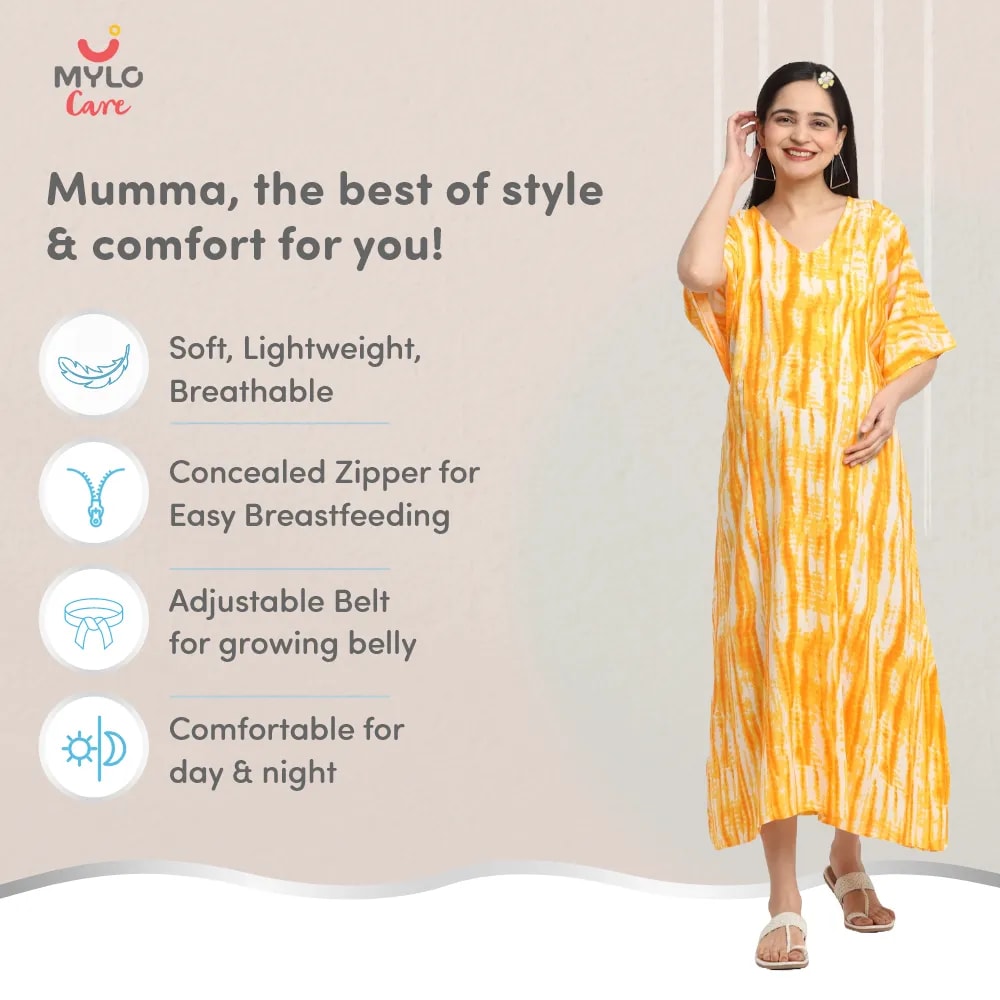 Maternity Dresses For Women with Both Side Zipper For Easy Feeding | Adjustable Belt for Growing Belly | Kaftan Dress | Shibori Print - Orange | L