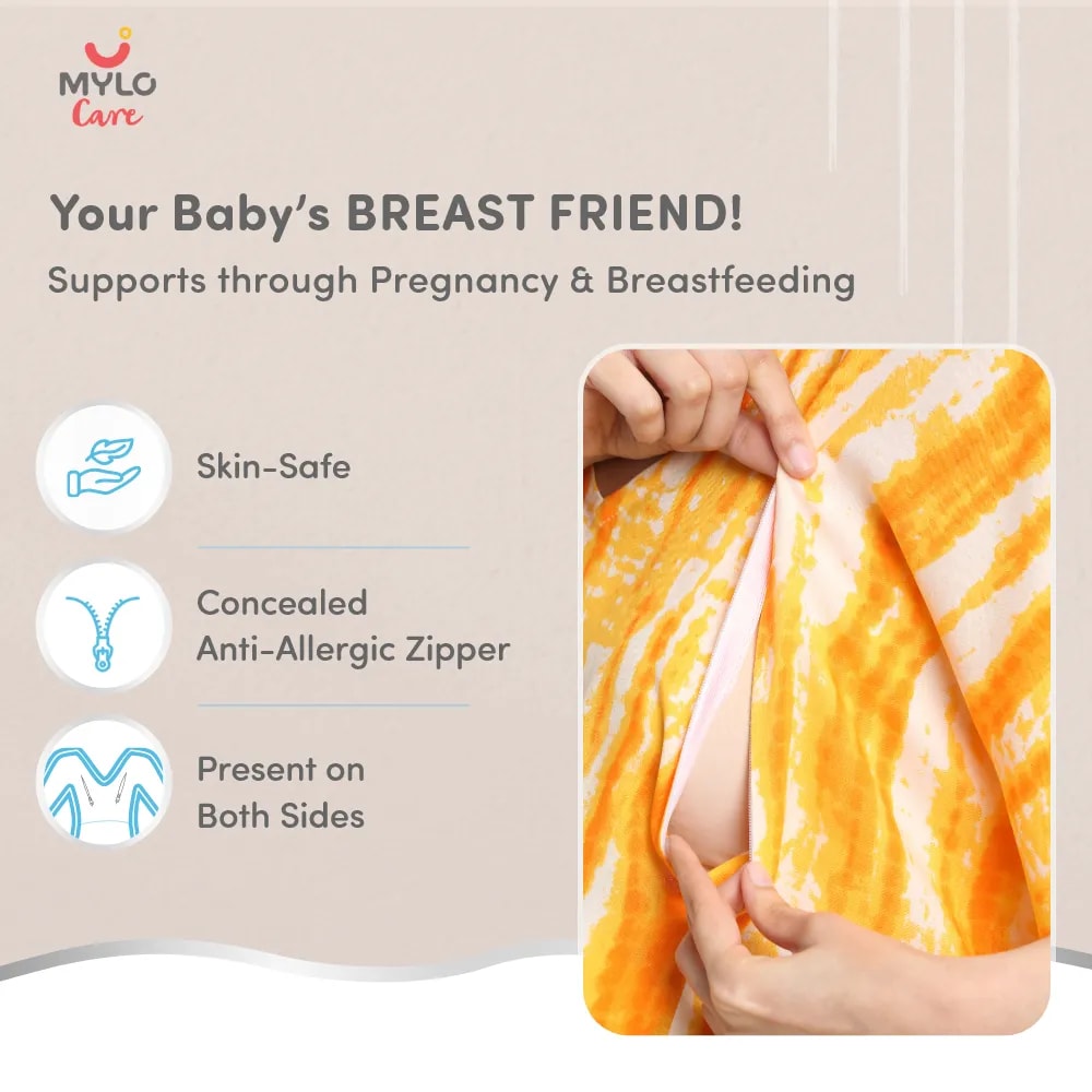 Maternity Dresses For Women with Both Side Zipper For Easy Feeding | Adjustable Belt for Growing Belly | Kaftan Dress | Shibori Print - Orange | L