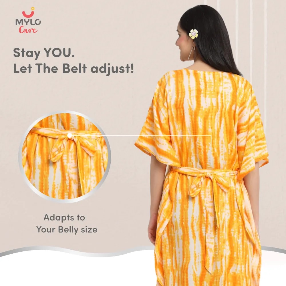 Maternity Dresses For Women with Both Side Zipper For Easy Feeding | Adjustable Belt for Growing Belly | Kaftan Dress | Shibori Print - Orange | L
