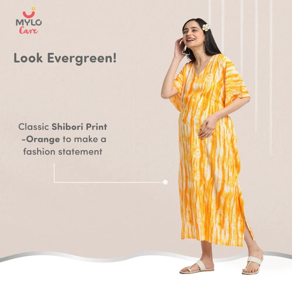 Maternity Dresses For Women with Both Side Zipper For Easy Feeding | Adjustable Belt for Growing Belly | Kaftan Dress | Shibori Print - Orange | L