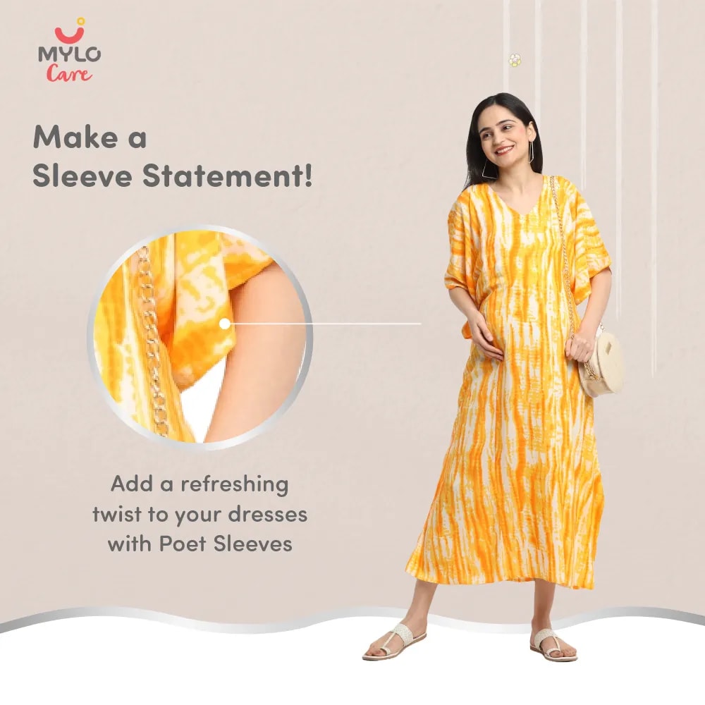 Maternity Dresses For Women with Both Side Zipper For Easy Feeding | Adjustable Belt for Growing Belly | Kaftan Dress | Shibori Print - Orange | L