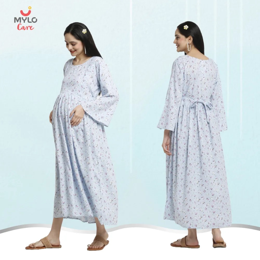 Maternity Dresses For Women with Both Side Zipper For Easy Feeding | Adjustable Belt for Growing Belly | Maxi Dress | Ditsy Daisy - Blue | L
