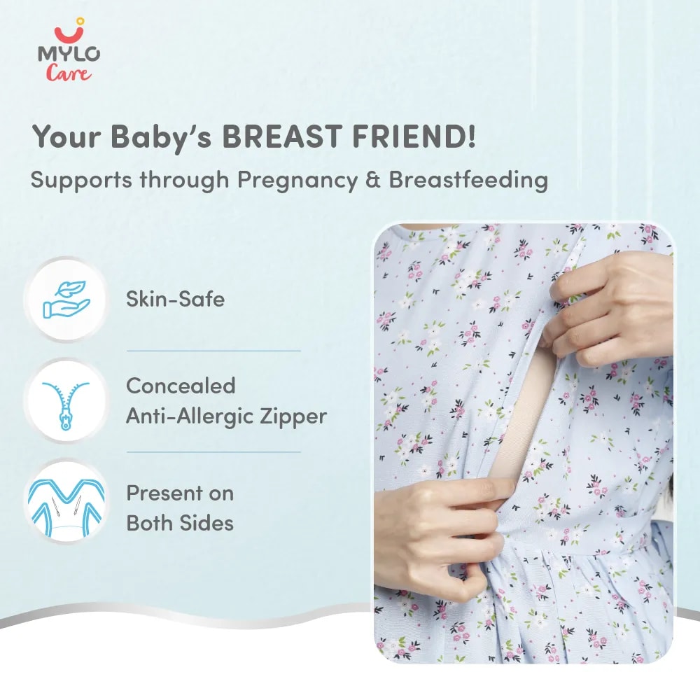 Maternity Dresses For Women with Both Side Zipper For Easy Feeding | Adjustable Belt for Growing Belly | Maxi Dress | Ditsy Daisy - Blue | L