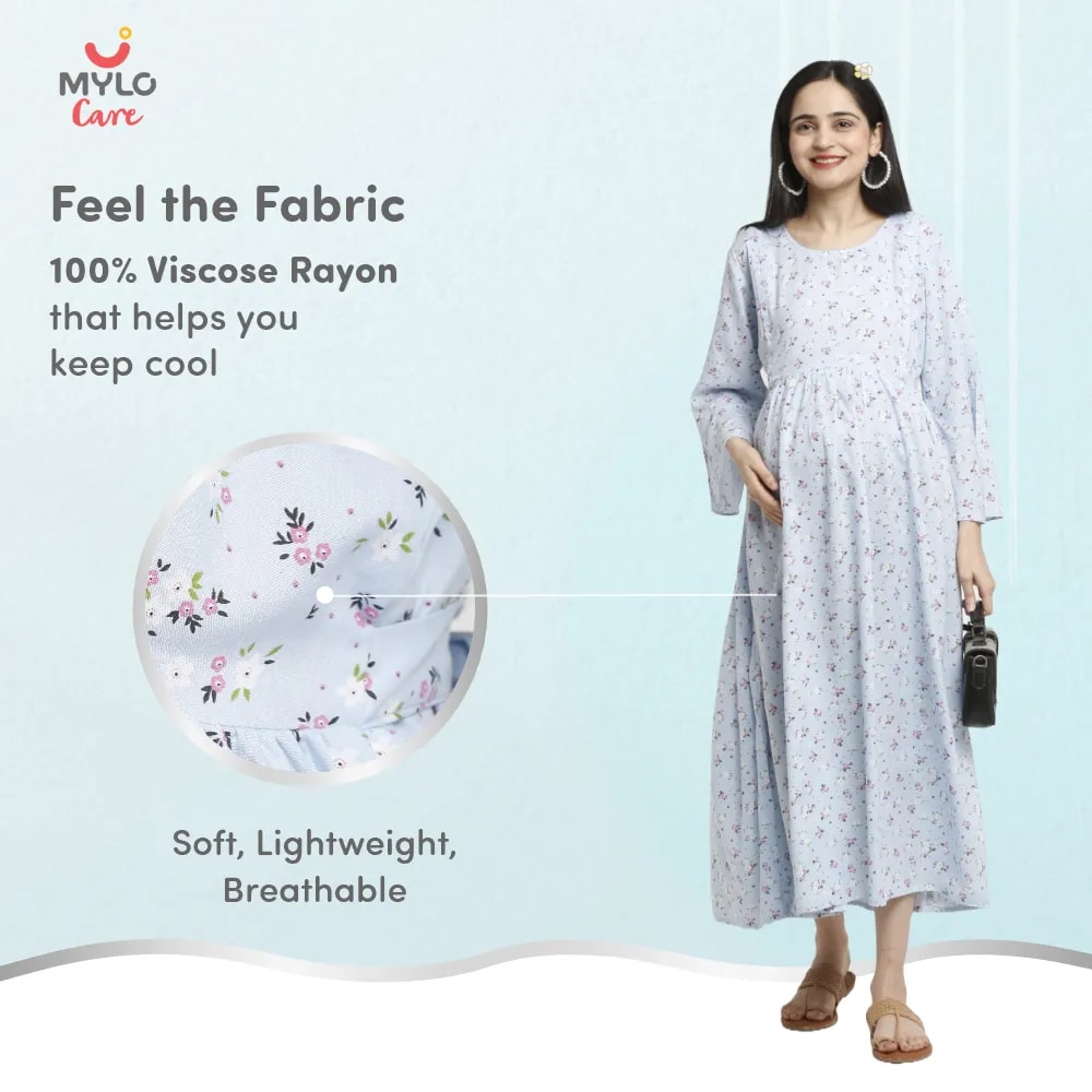 Maternity Dresses For Women with Both Side Zipper For Easy Feeding | Adjustable Belt for Growing Belly | Maxi Dress | Ditsy Daisy - Blue | L