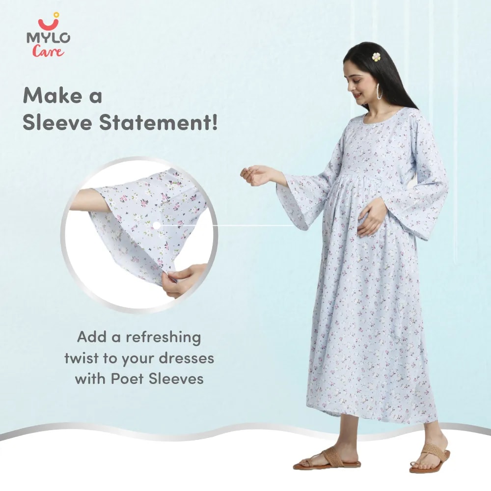 Maternity Dresses For Women with Both Side Zipper For Easy Feeding | Adjustable Belt for Growing Belly | Maxi Dress | Ditsy Daisy - Blue | L