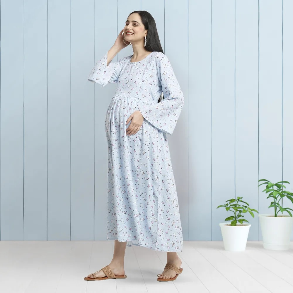 Maternity Dresses For Women with Both Side Zipper For Easy Feeding | Adjustable Belt for Growing Belly | Maxi Dress | Ditsy Daisy - Blue | XL