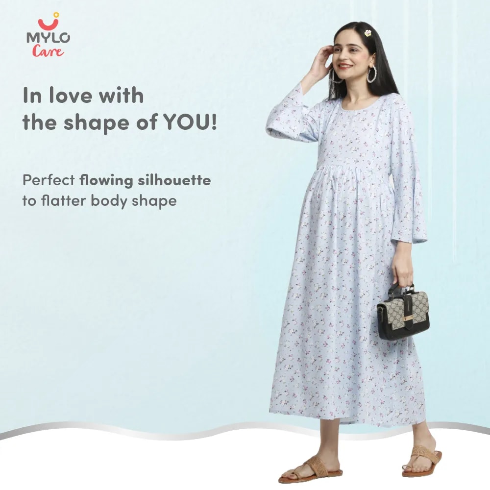 Maternity Dresses For Women with Both Side Zipper For Easy Feeding | Adjustable Belt for Growing Belly | Maxi Dress | Ditsy Daisy - Blue | XL