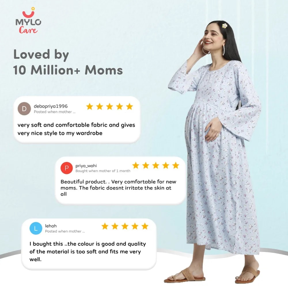 Maternity Dresses For Women with Both Side Zipper For Easy Feeding | Adjustable Belt for Growing Belly | Maxi Dress | Ditsy Daisy - Blue | XL