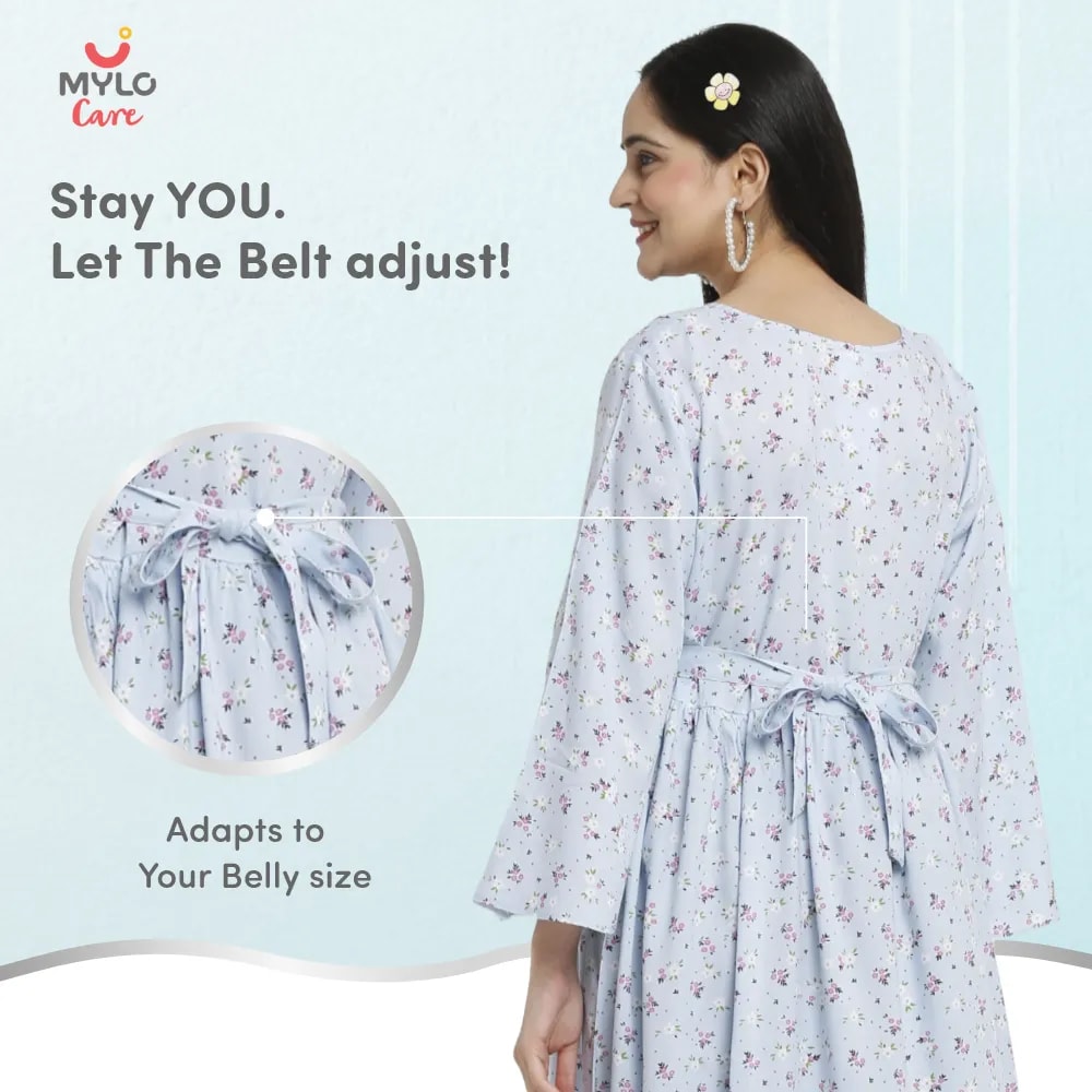 Maternity Dresses For Women with Both Side Zipper For Easy Feeding | Adjustable Belt for Growing Belly | Maxi Dress | Ditsy Daisy - Blue | XL