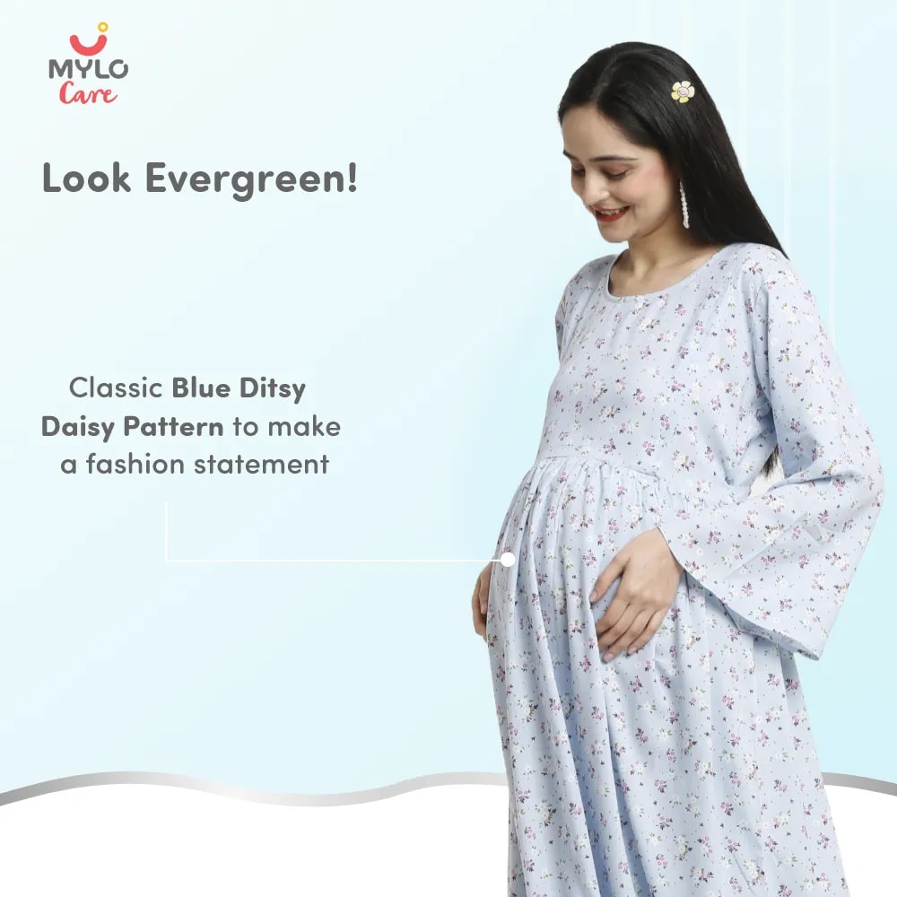 Maternity Dresses For Women with Both Side Zipper For Easy Feeding | Adjustable Belt for Growing Belly | Maxi Dress | Ditsy Daisy - Blue | XL