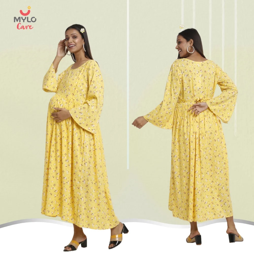 Maternity Dresses For Women with Both Side Zipper For Easy Feeding | Adjustable Belt for Growing Belly | Maxi Dress | Ditsy Daisy - Mustard | L