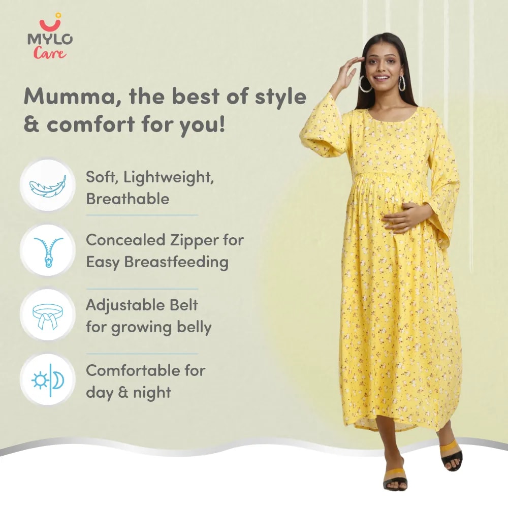 Maternity Dresses For Women with Both Side Zipper For Easy Feeding | Adjustable Belt for Growing Belly | Maxi Dress | Ditsy Daisy - Mustard | L
