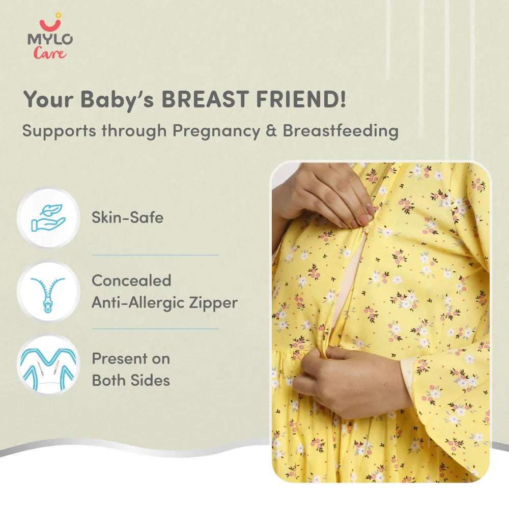Maternity Dresses For Women with Both Side Zipper For Easy Feeding | Adjustable Belt for Growing Belly | Maxi Dress | Ditsy Daisy - Mustard | L