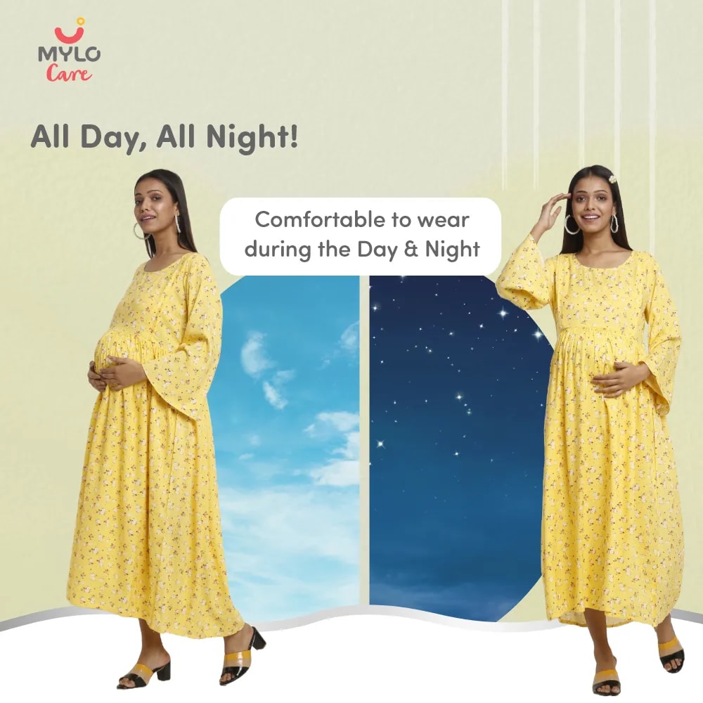 Maternity Dresses For Women with Both Side Zipper For Easy Feeding | Adjustable Belt for Growing Belly | Maxi Dress | Ditsy Daisy - Mustard | L