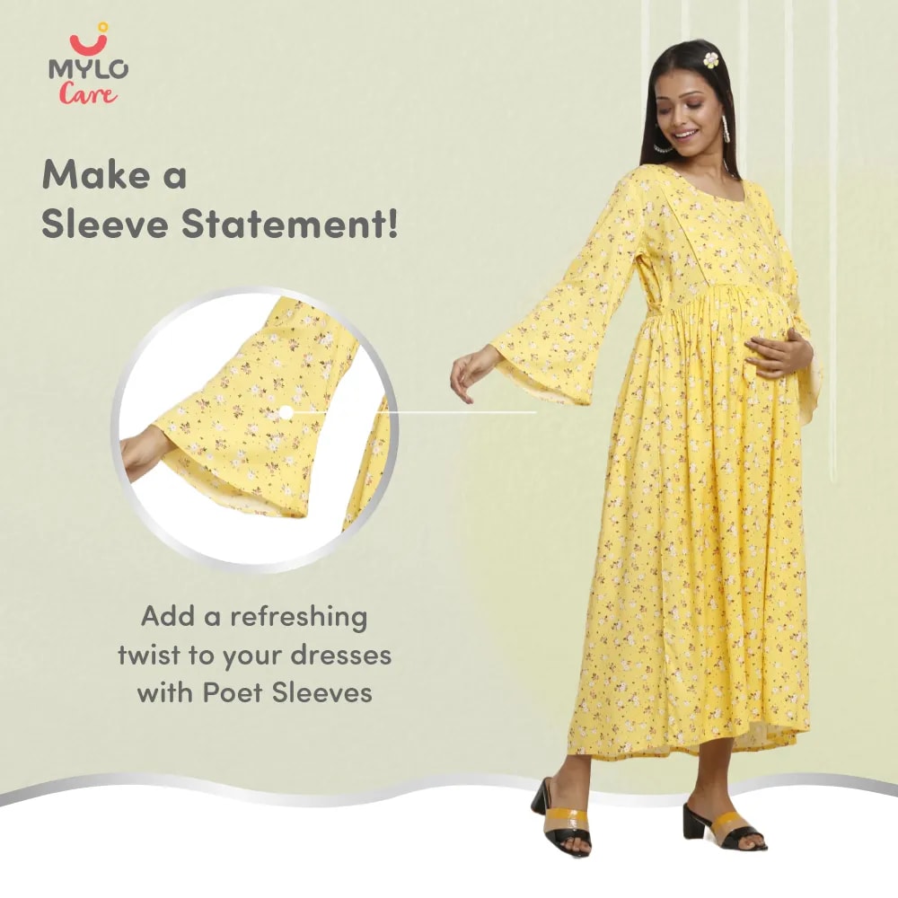 Maternity Dresses For Women with Both Side Zipper For Easy Feeding | Adjustable Belt for Growing Belly | Maxi Dress | Ditsy Daisy - Mustard | L