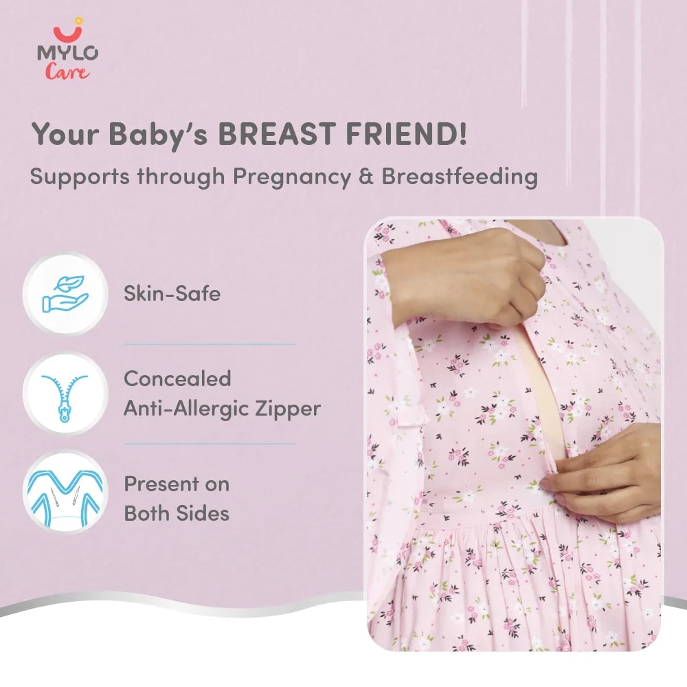 Maternity Dresses For Women with Both Side Zipper For Easy Feeding | Adjustable Belt for Growing Belly | Maxi Dress | Ditsy Daisy - Pink | L