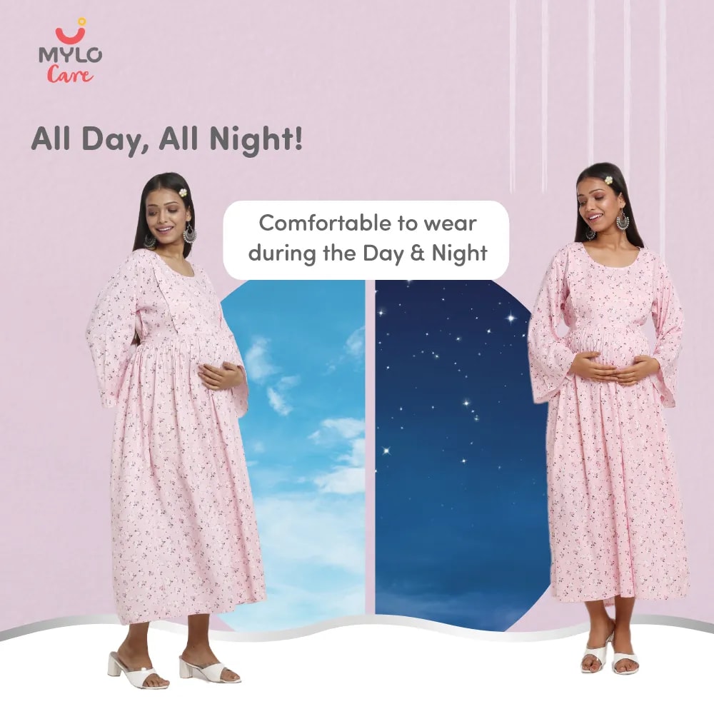 Maternity Dresses For Women with Both Side Zipper For Easy Feeding | Adjustable Belt for Growing Belly | Maxi Dress | Ditsy Daisy - Pink | L