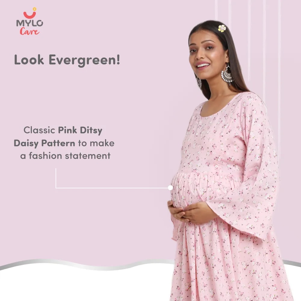 Maternity Dresses For Women with Both Side Zipper For Easy Feeding | Adjustable Belt for Growing Belly | Maxi Dress | Ditsy Daisy - Pink | L