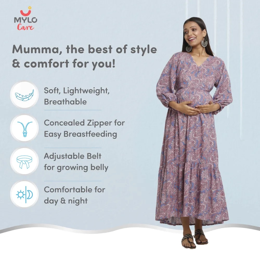 Maternity Dresses For Women with Both Side Zipper For Easy Feeding | Adjustable Belt for Growing Belly | Maxi Dress | Persian Paisley - Blue | L