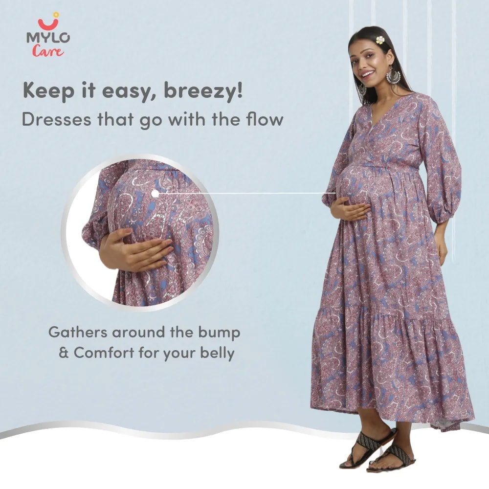 Maternity Dresses For Women with Both Side Zipper For Easy Feeding | Adjustable Belt for Growing Belly | Maxi Dress | Persian Paisley - Blue | L