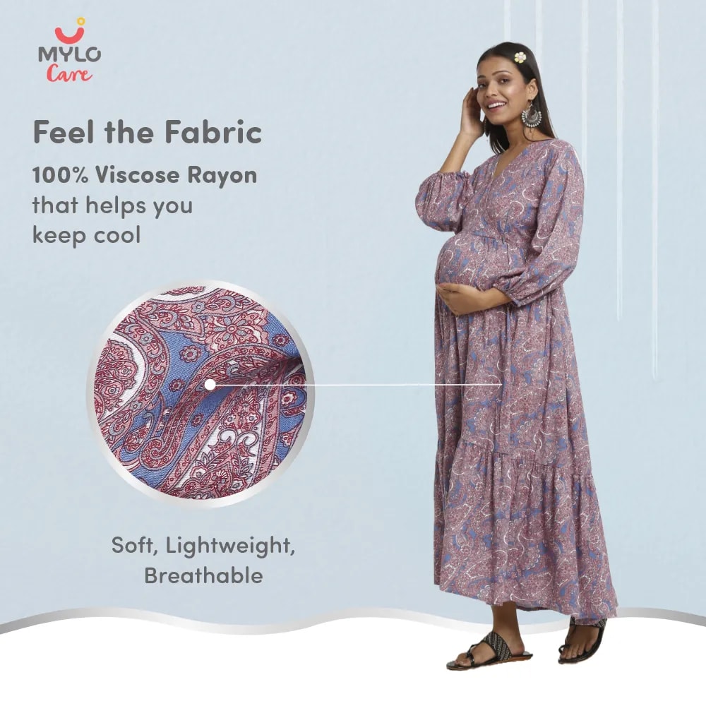 Maternity Dresses For Women with Both Side Zipper For Easy Feeding | Adjustable Belt for Growing Belly | Maxi Dress | Persian Paisley - Blue | L