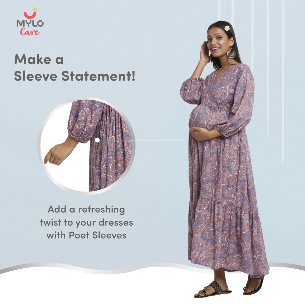 Maternity Dresses For Women with Both Side Zipper For Easy Feeding | Adjustable Belt for Growing Belly | Maxi Dress | Persian Paisley - Blue | L