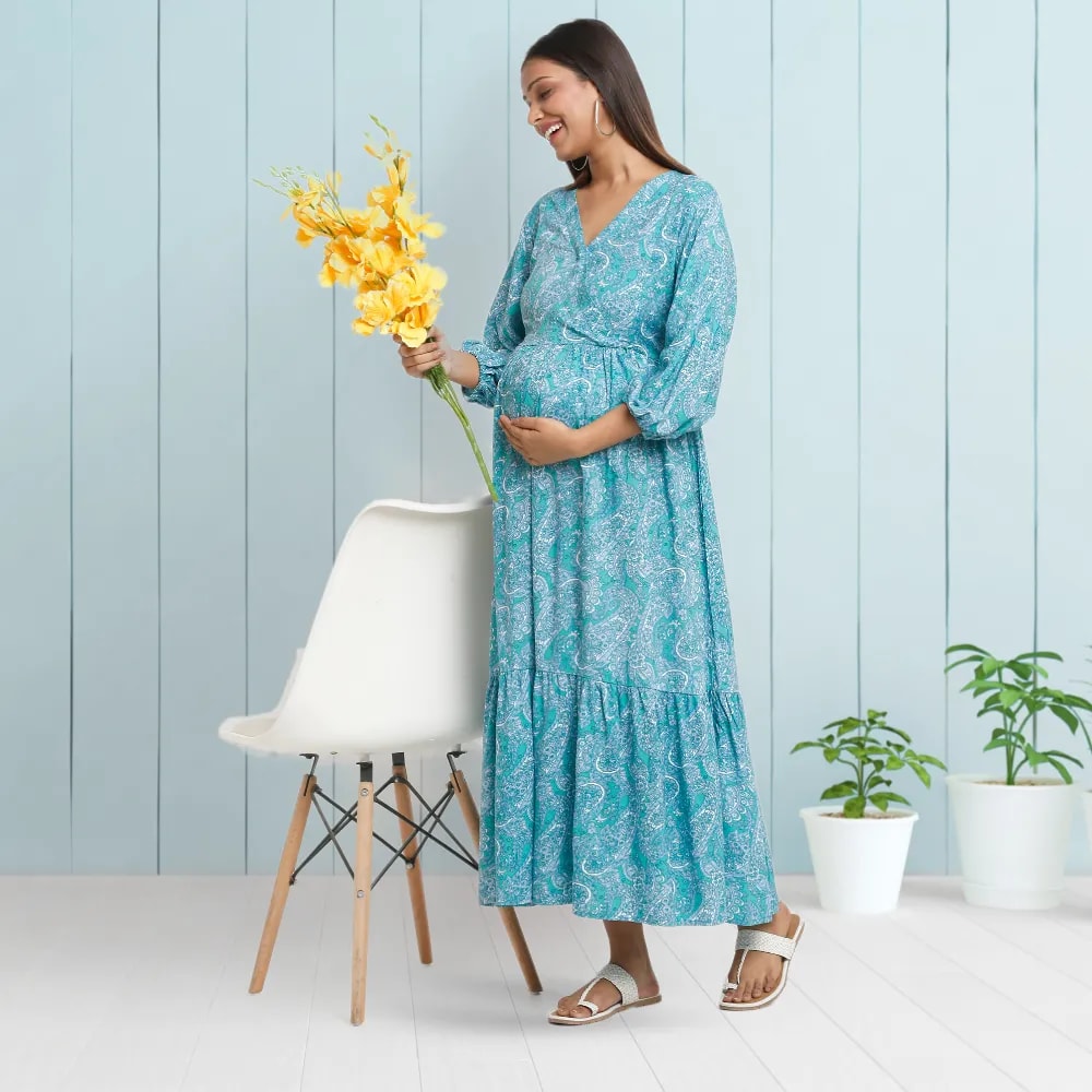 Maternity Dresses For Women with Both Side Zipper For Easy Feeding | Adjustable Belt for Growing Belly | Maxi Dress | Persian Paisley - Green | L