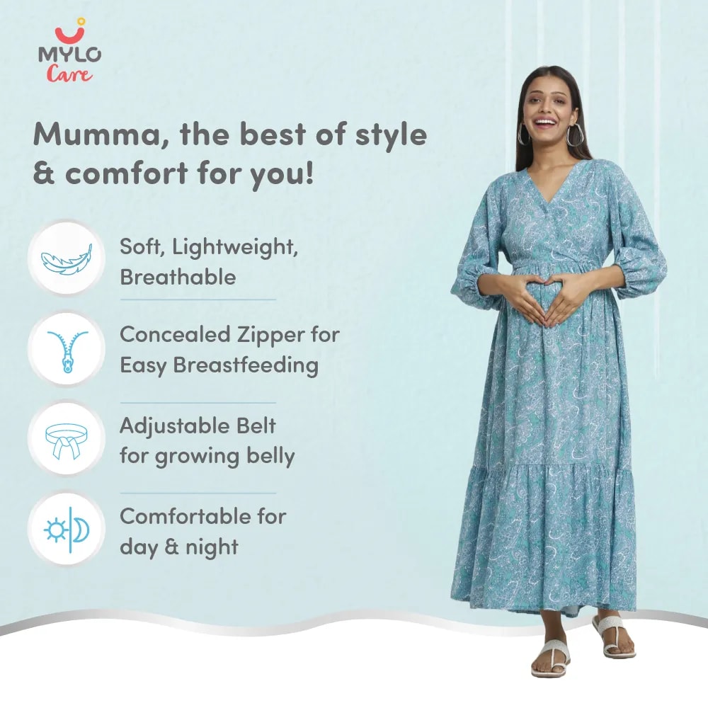 Maternity Dresses For Women with Both Side Zipper For Easy Feeding | Adjustable Belt for Growing Belly | Maxi Dress | Persian Paisley - Green | L