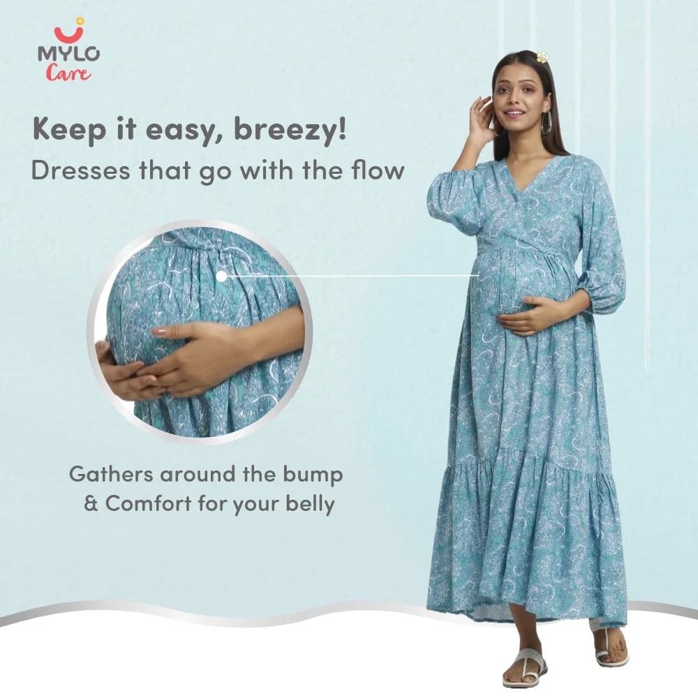 Maternity Dresses For Women with Both Side Zipper For Easy Feeding | Adjustable Belt for Growing Belly | Maxi Dress | Persian Paisley - Green | L