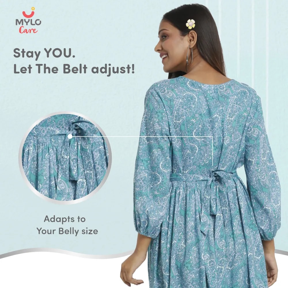 Maternity Dresses For Women with Both Side Zipper For Easy Feeding | Adjustable Belt for Growing Belly | Maxi Dress | Persian Paisley - Green | L